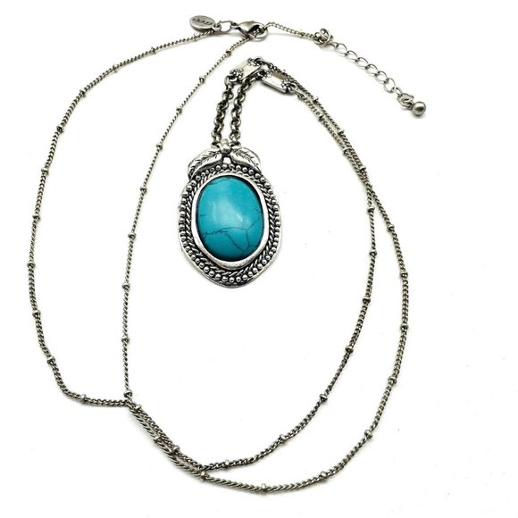 AEO Signed Faux Turquoise Pendant Necklace Silver Tone Ethnic Native Tribal SW - Picture 1 of 9